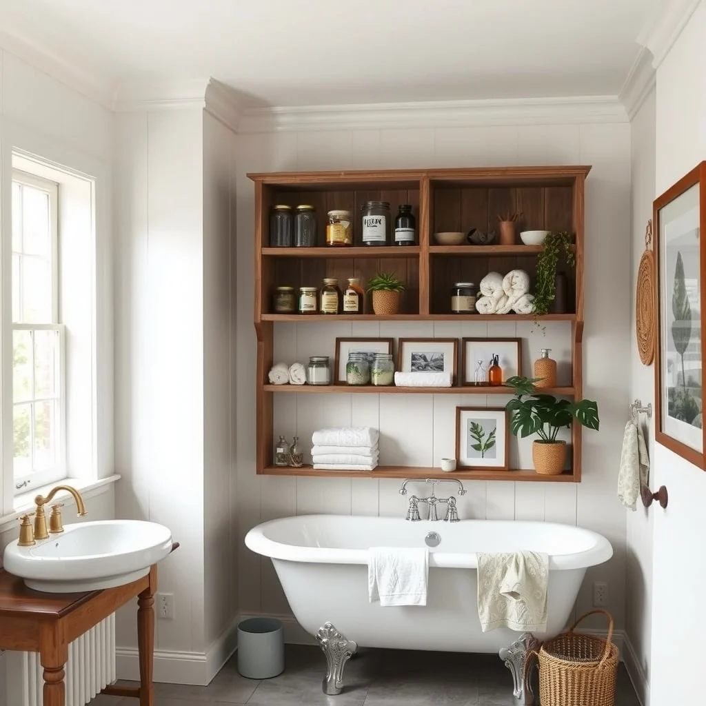 Vintage Bathroom Decor Ideas for a Charming and Timeless Makeover interior: 4. Add Antique‑Inspired Storage Solutions - Open shelving made from reclaimed pine or distressed oak provides a place for neatly displayed jars, vintage perfume bottles, and rolled towels. The open design keeps the room feeling airy, and the wood’s patina adds