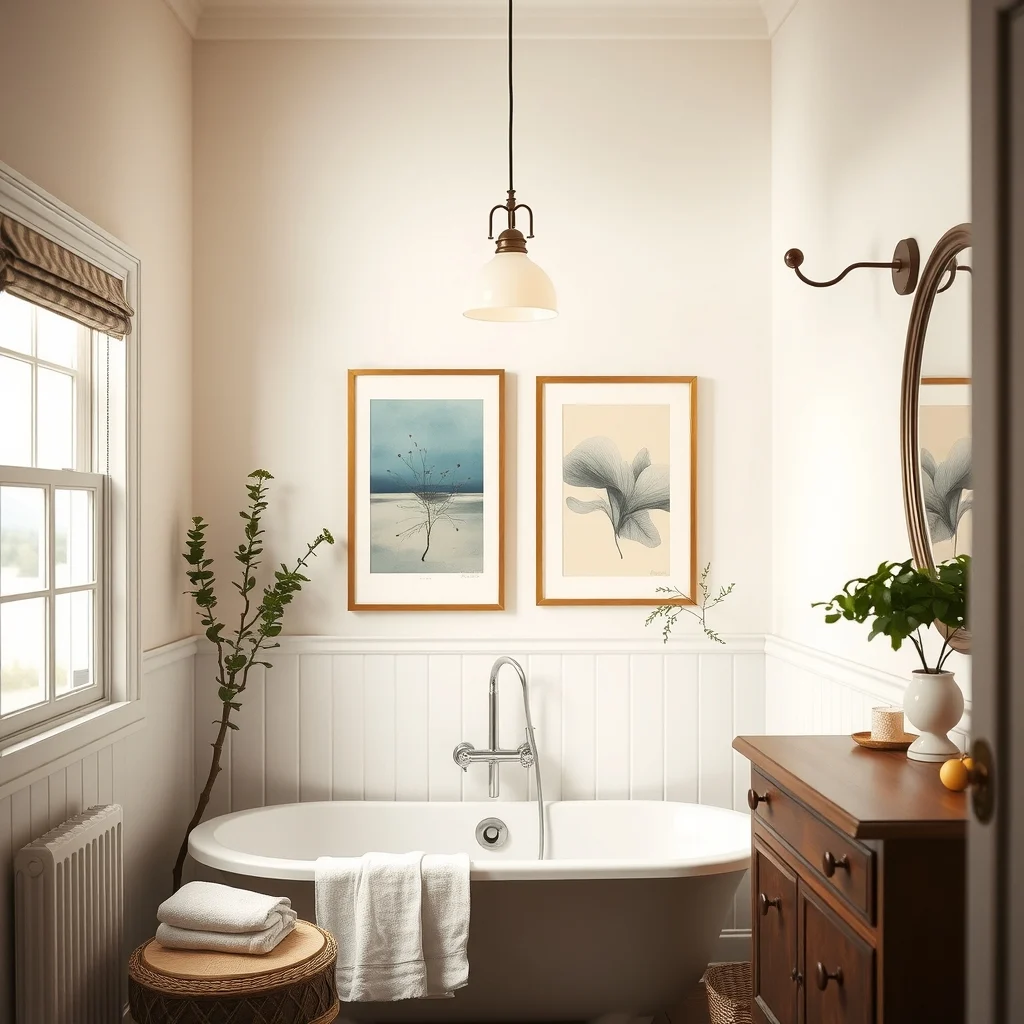 Vintage Bathroom Decor Ideas for a Charming and Timeless Makeover interior: 5. Choose a Soft, Ambient Lighting Scheme - Warm‑tinted LED bulbs placed in vintage‑style sconces on either side of the mirror create a flattering glow that reduces harsh shadows during grooming. A single pendant with a frosted glass shade hung over the bathtub