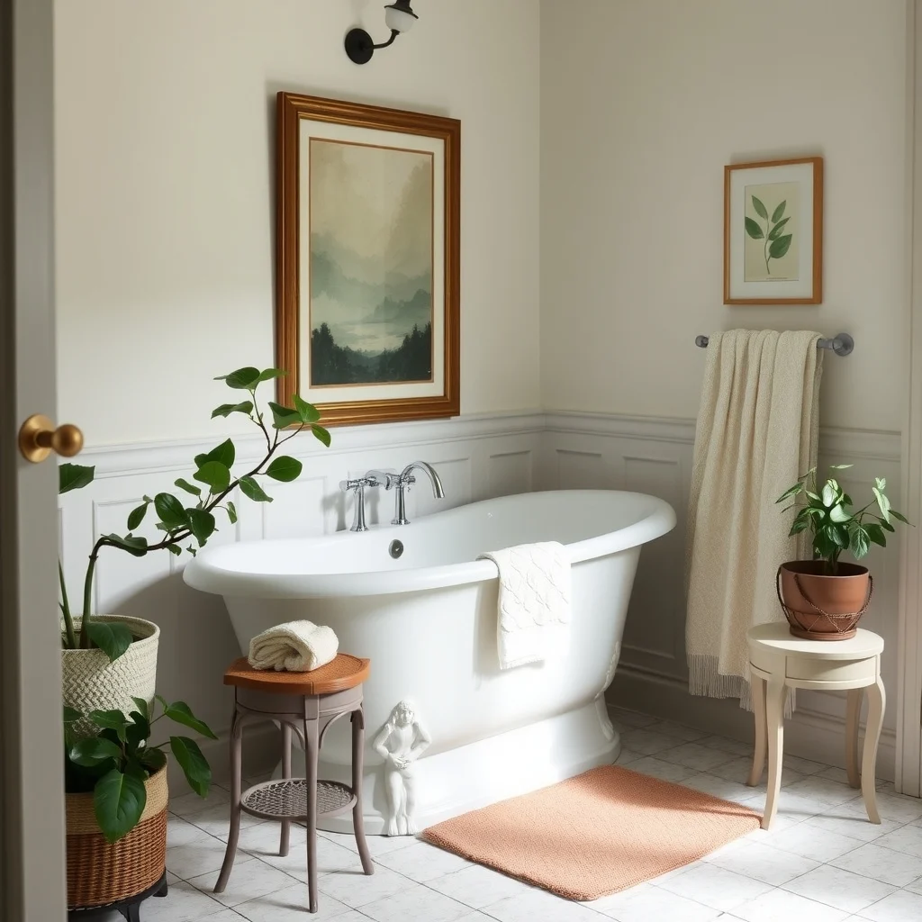 Vintage Bathroom Decor Ideas for a Charming and Timeless Makeover interior: 6. Incorporate Subtle Botanical Accents - A small potted fern or a trailing pothos placed on a vintage side table brings a touch of nature that softens hard surfaces. These plants thrive in indirect light and high humidity, making the bathroom