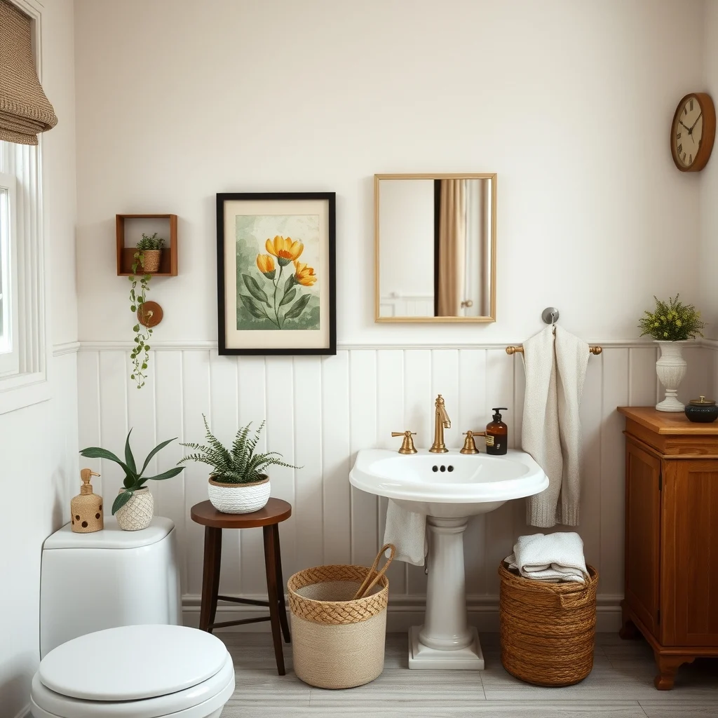 Vintage Bathroom Decor Ideas for a Charming and Timeless Makeover interior: 7. Finish with Period‑Appropriate Accessories - Small details such as a brass soap dispenser, a ‑crafted ceramic toothbrush holder, or a vintage‑style clock can tie the entire look together. Look for pieces that feature simple lines and aged metal or glazed
