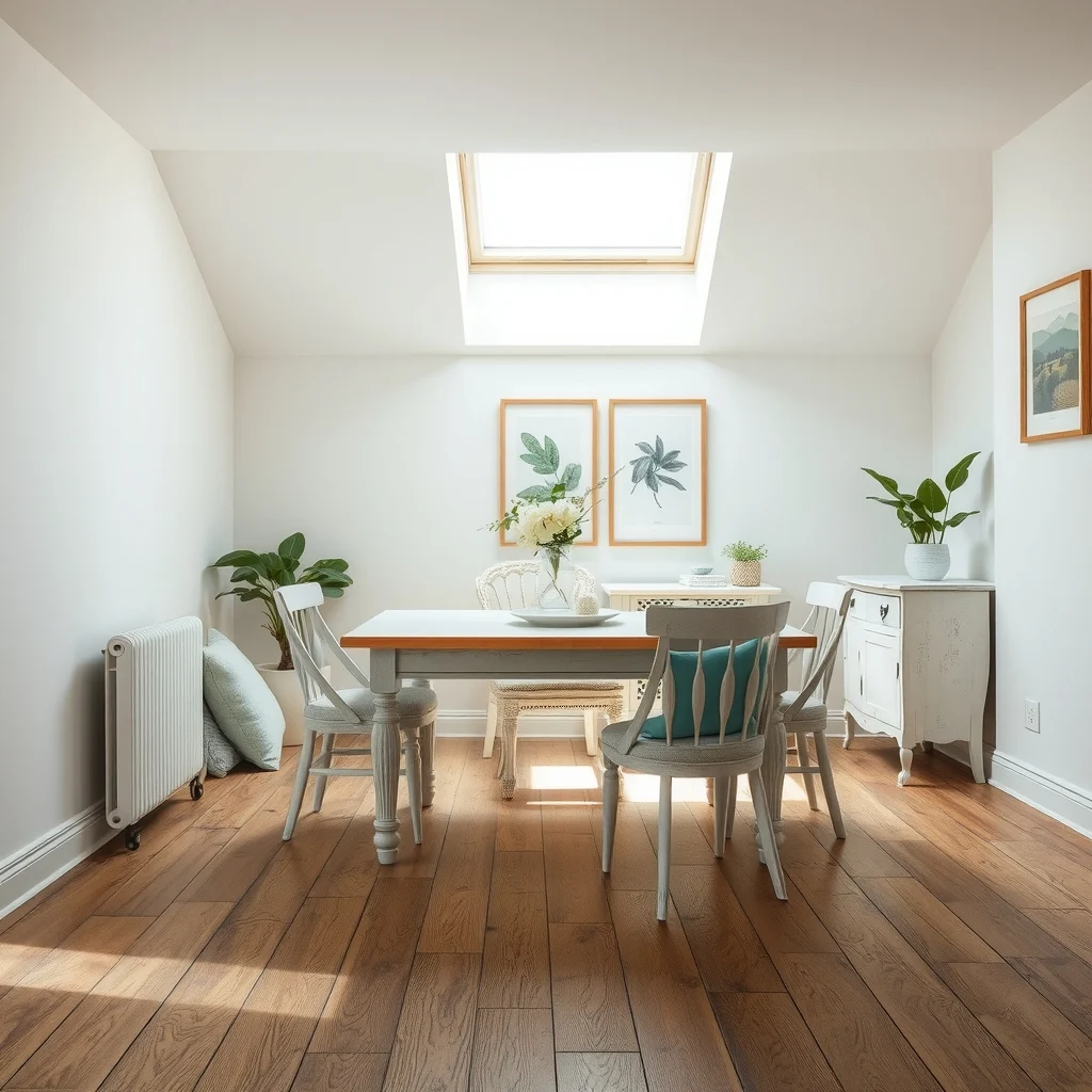 Vintage style whitewashed dining set under a skylight low rectangular table linen covered chairs pastel teal cushions distressed wood floor diffused daylight highlighting soft shadows