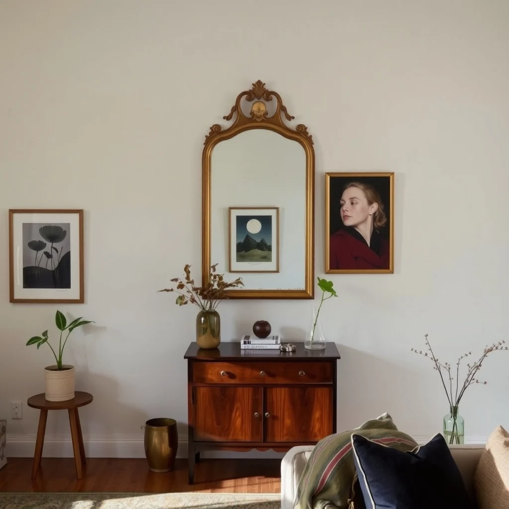 Vintage Thrift Store Decor Ideas That Make a Home Feel Collected: 5. Hang an Antique Mirror to Expand Light - A gilt‑framed mirror rescued from a thrift shop can act as both a decorative focal point and a light‑enhancing tool. Select a mirror with a slightly tarnished edge for an authentic vintage feel; the subtle