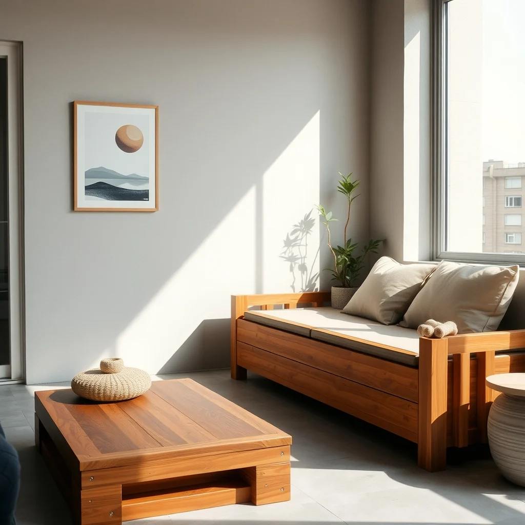 Warm cedar raised bed placed against a light gray concrete patio sleek modern outdoor sofa nearby natural sunlight casting soft shadows minimalist Scandinavian décor muted earth tones close up of smooth plank texture