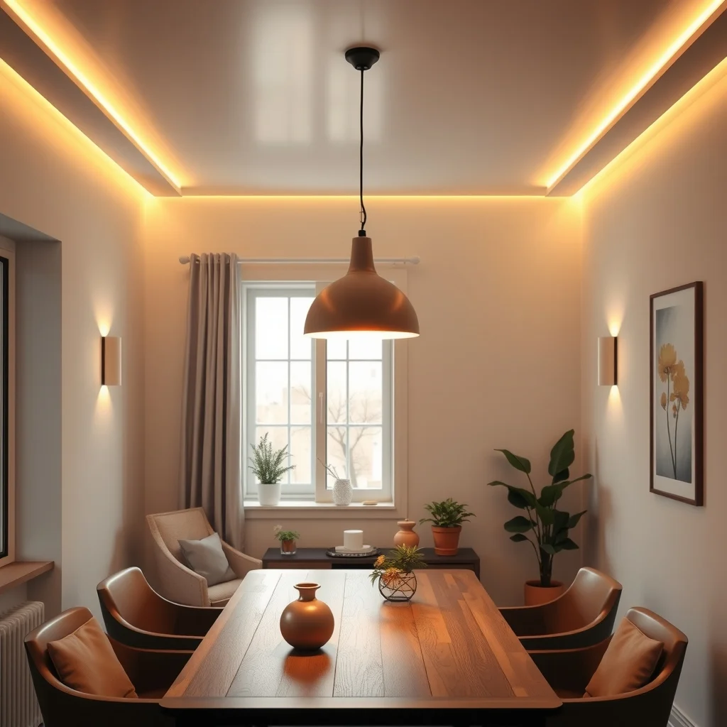 Warm dimmable pendant lamp hangs centered over the table flanked by low-profile wall sconces and a recessed LED strip along the ceiling casting layered diffused glow that expands perceived space