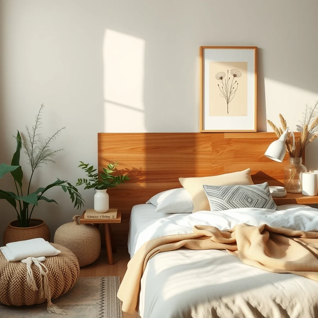 Warm Minimalist Bedroom Ideas for a Cozy Winter Retreat: 4. Introduce Natural Materials for Seasonal Texture - Bringing elements of nature into a minimalist bedroom adds an organic warmth that feels especially comforting in winter. A reclaimed‑wood headboard, for example, introduces subtle grain patterns that catch the eye without demanding visual dominance.