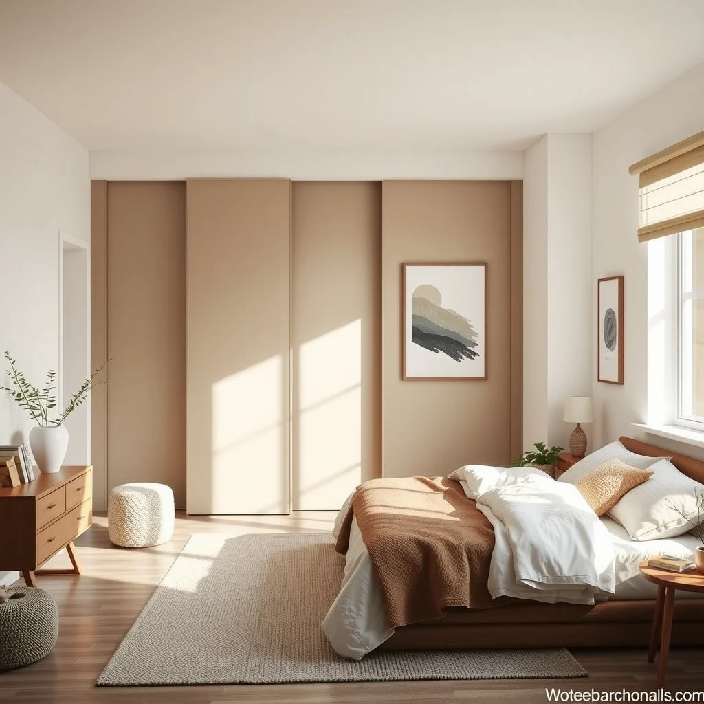 Warm Minimalist Bedroom Ideas for a Cozy Winter Retreat: 5. Optimize Storage to Preserve Clean Lines - Clutter disrupts the serenity of a minimalist room, so effective storage solutions are essential for maintaining a tranquil environment. Consider built‑in closets with sliding doors painted in the same hue as the walls; the seamless