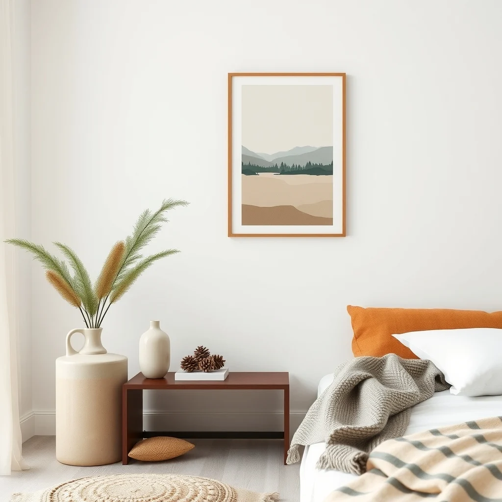 Warm Minimalist Bedroom Ideas for a Cozy Winter Retreat: 7. Incorporate Subtle Seasonal Decor - Winter decor doesn’t have to be overtly festive to feel appropriate. A pair of simple ceramic vases in a muted glaze can hold a sprig of evergreen or a few dried pine cones, offering a