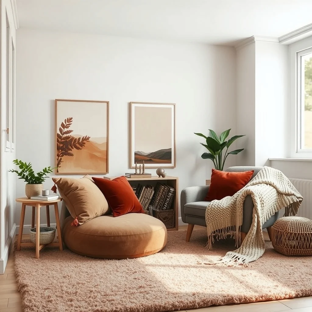 Warm toned living room vignette muted earth tone plush rug layered chunky knit throws velvet cushions in deep rust a textured woven blanket draped over a low armchair soft natural light