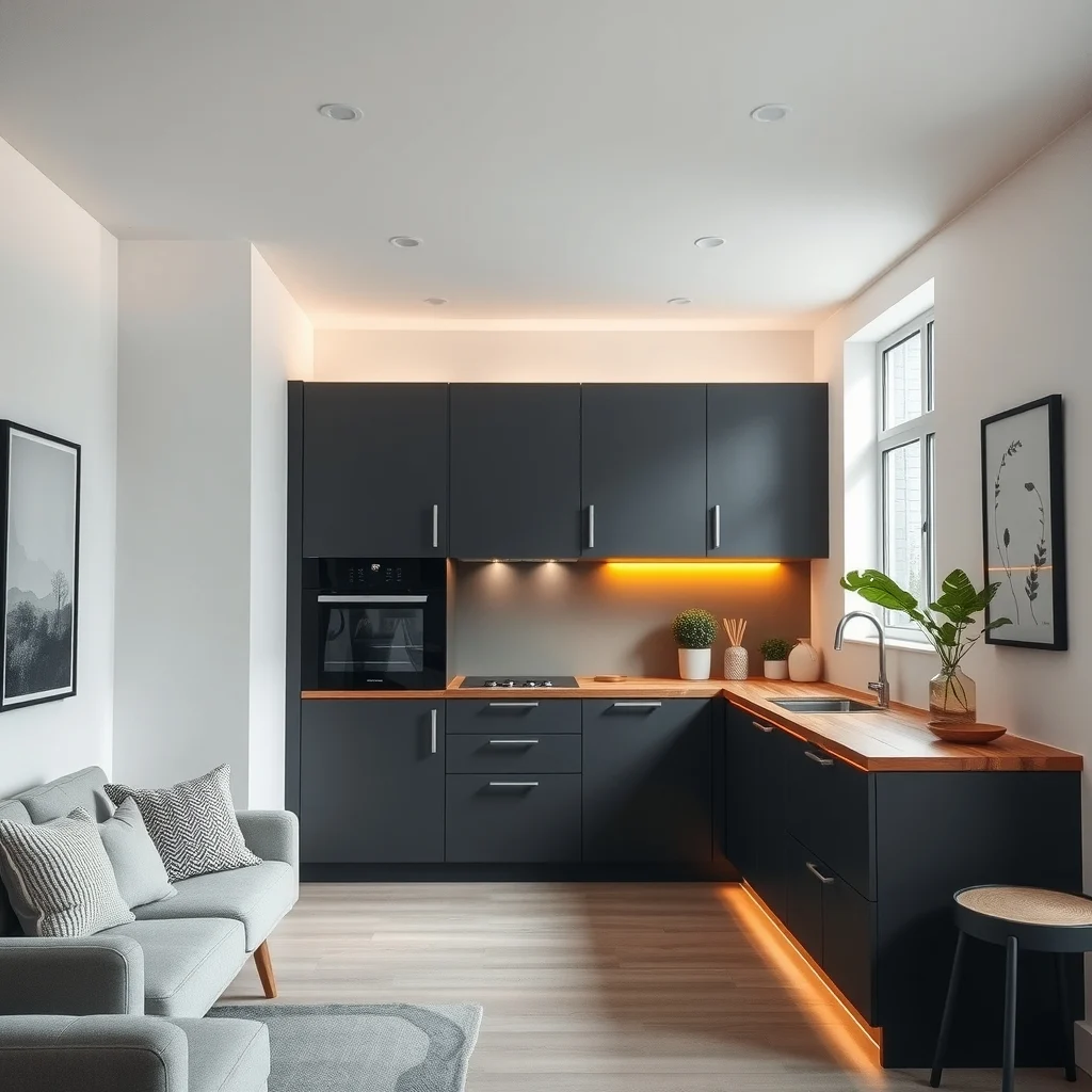 Wide angle of a contemporary kitchen with soft white LED strips under matte charcoal cabinets warm amber glow illuminating a walnut countertop work zone recipe