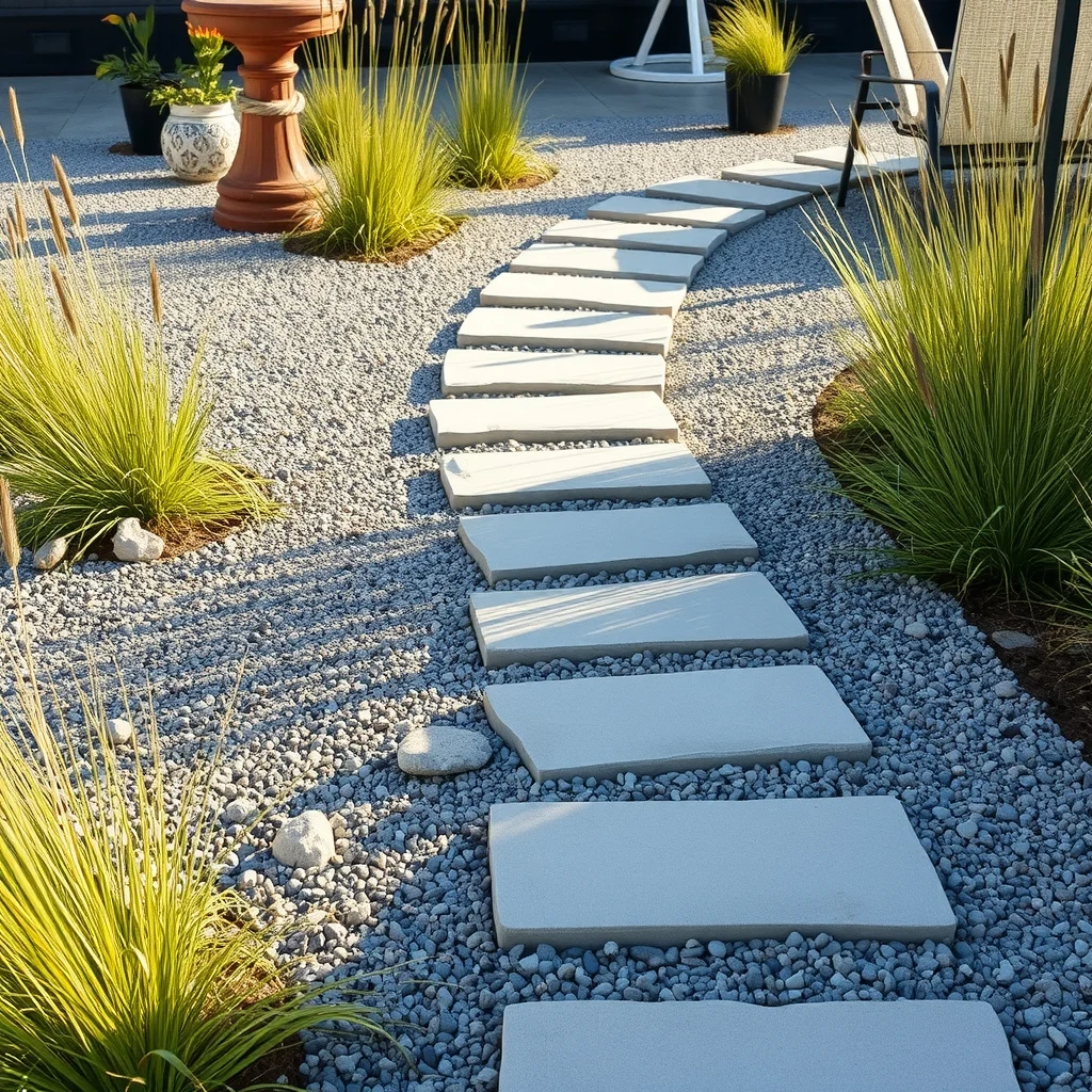Wide angle of winding pathway flat stepping stones embedded in crushed gravel flanked by low grasses soft golden light casting linear shadows two width evident natural stone tones