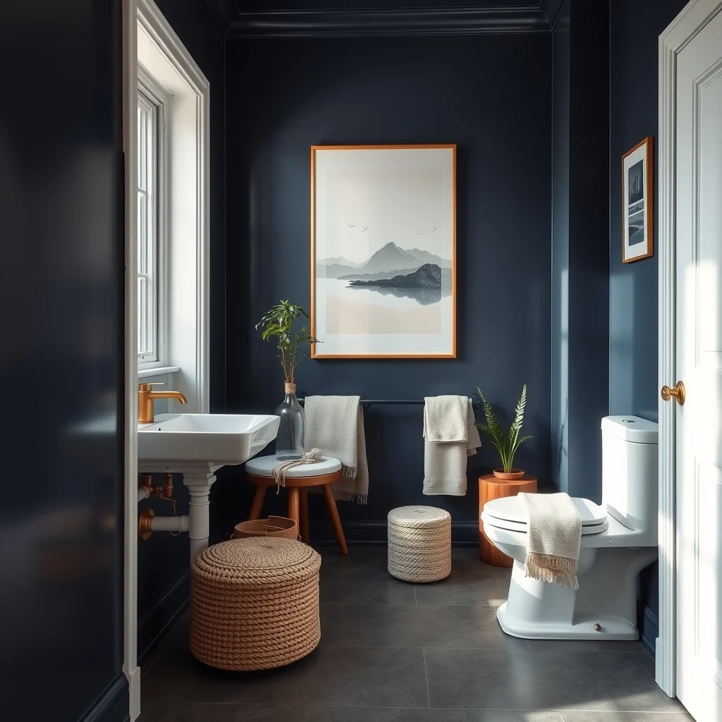 Wide-angle view of a compact bathroom with semi gloss navy walls soft sheen catching warm ambient light charcoal gray floor tiles brushed brass faucet glints creating a sophisticated cohesive backdrop