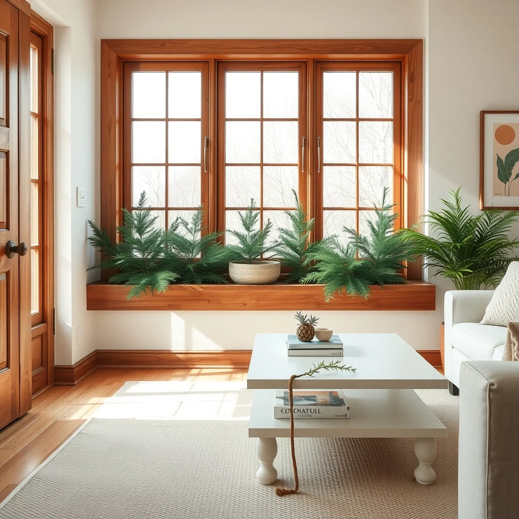 Wide angle view of a reclaimed pine window box beneath the sill brimming with deep green evergreen sprigs rustic cedar trim soft daylight spilling onto a cream colored rug and a simple white coffee table