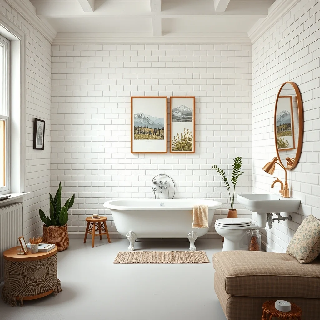 Wide-angle view of a vintage bathroom wall featuring matte white subway tiles arranged