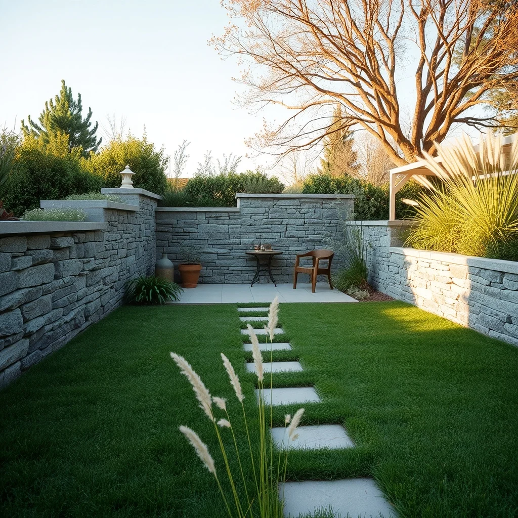 Wide garden view at golden hour low dry stacked stone wall of weathered gray flagstones defining a cozy seating nook surrounded by muted green grass soft shadows balanced composition