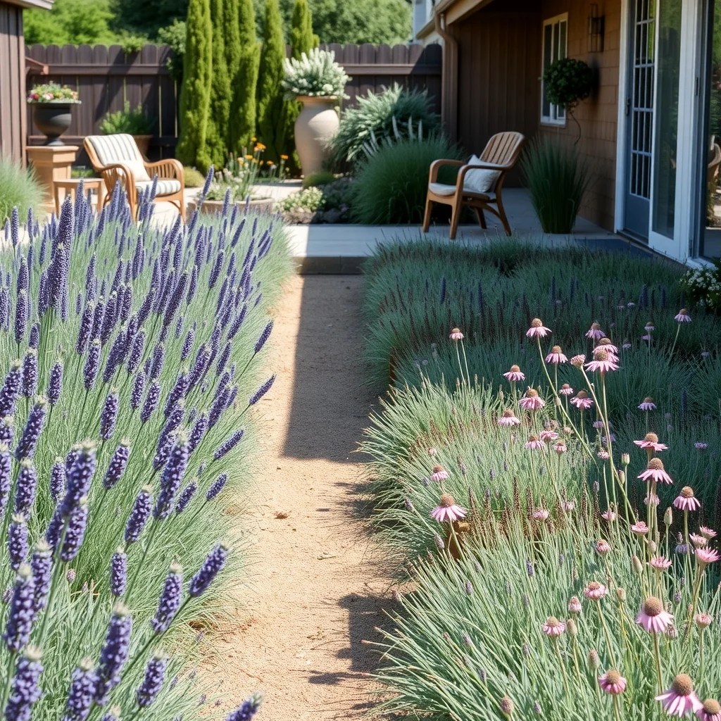 Wide garden view shows staggered rows of lavender sage and coreopsis in muted greens and dusky purples soft sunlight highlighting low maintenance textures modern cottage style gentle breeze implied