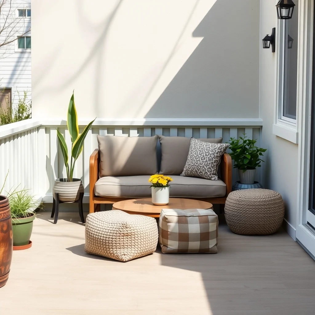 Wide patio corner view low profile loveseat upholstered in warm greige quick dry fabric flanked by two textured poufs set against a painted rail soft daylight casts gentle shadows emphasizing cozy layering