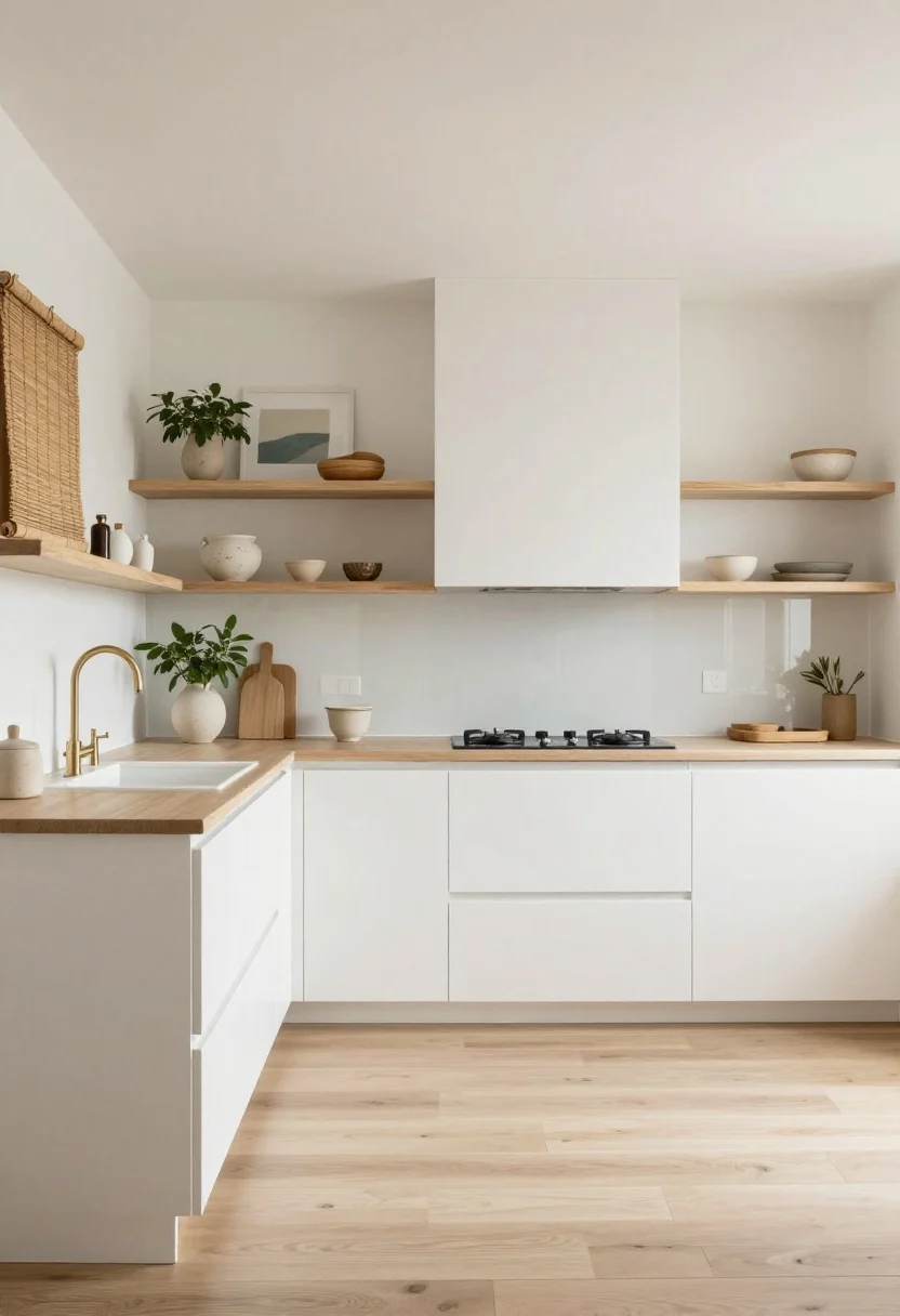coastal kitchen makeover ideas - Wide, serene coastal kitchen scene conveying seasonal warmth: freshly painted