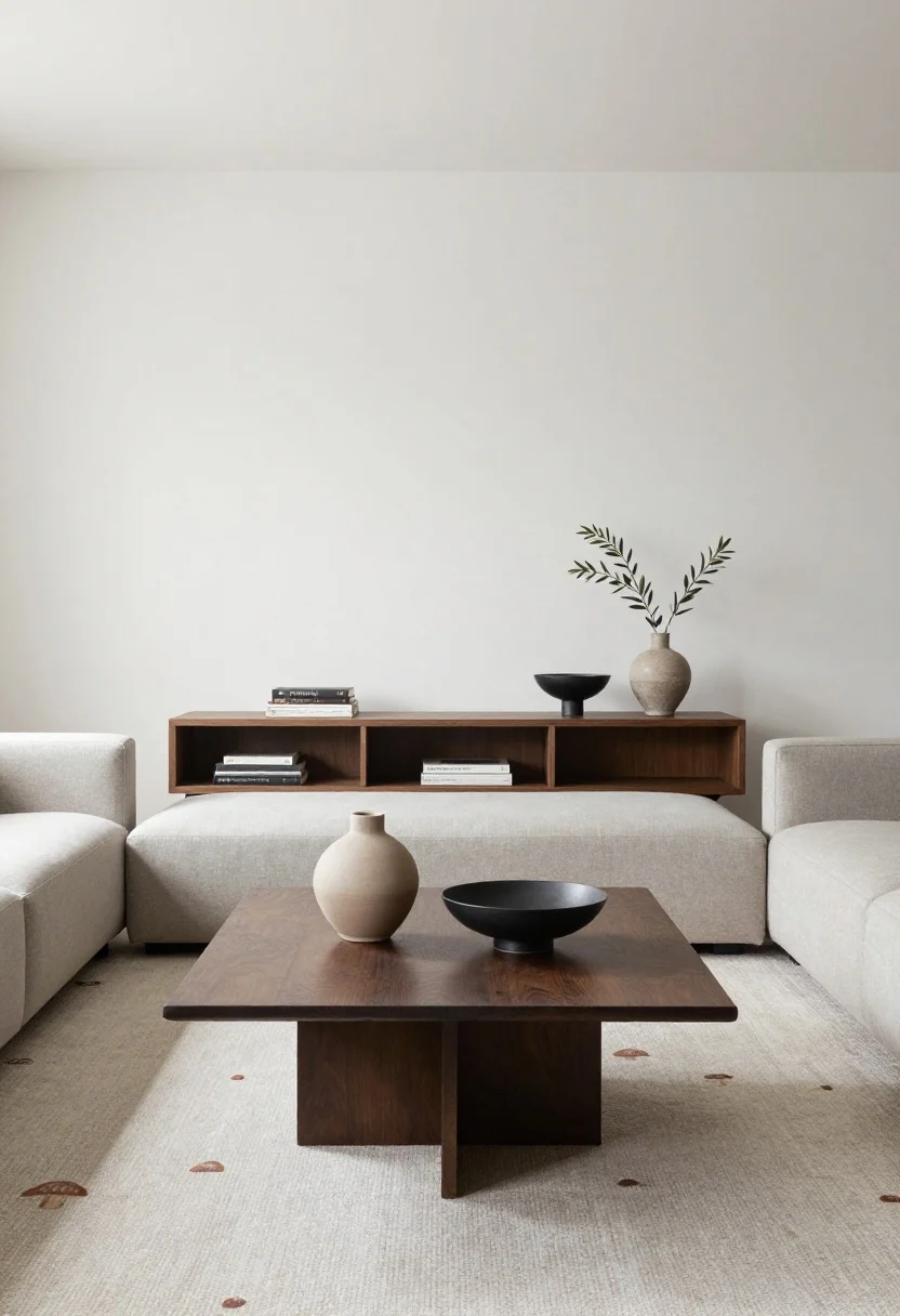 Wide shot: A Scandinavian living room freshly decluttered with a neutral base palette—soft white walls, warm greige sofa, mushroom-toned rug. Coffee table, console, and media unit each styled with only 1–3 pieces: a single matte ceramic vase on the coffee table, a small stack of books on the console, and a simple blackened steel bowl on the media unit. Add warmth with subtle textures and a small olive branch in a clay vase. Soft natural daylight, gentle shadows, calm minimal mood, no icy whites.