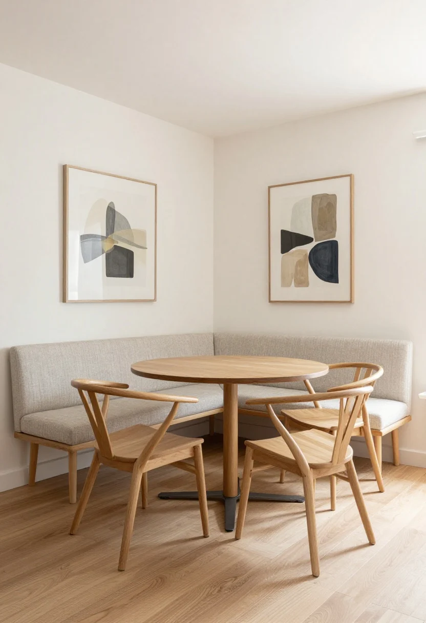 minimalist dining room ideas - Wide shot: An airy small dining area with open-back wishbone