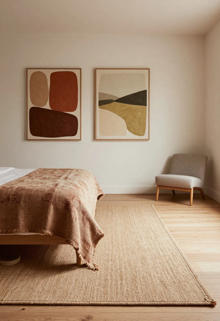 boho bedroom decor ideas - Wide shot: Bedroom floor styling, a large jute base rug