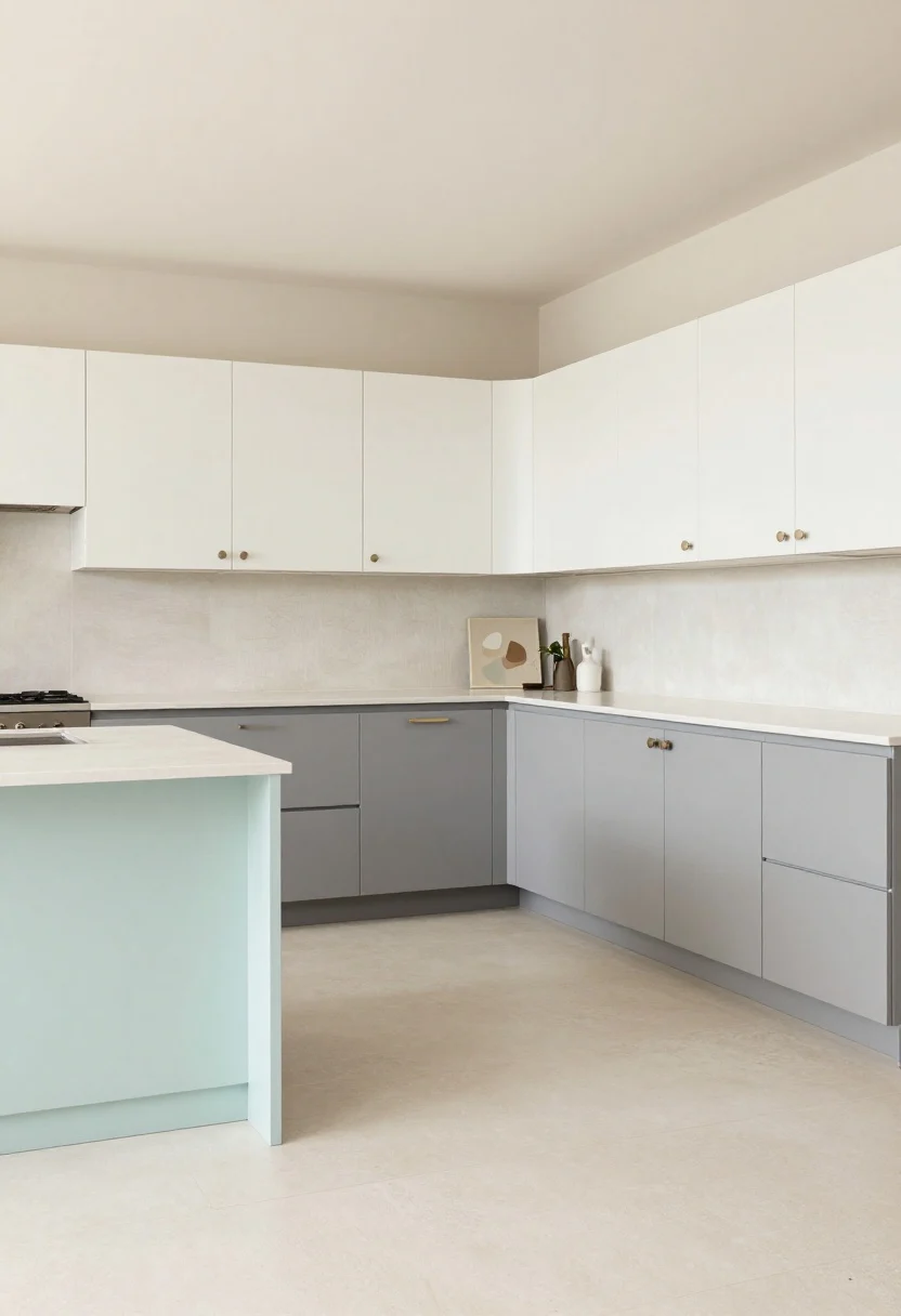 coastal kitchen makeover ideas - Wide shot, bright coastal kitchen painted in sea-kissed neutrals: cloud