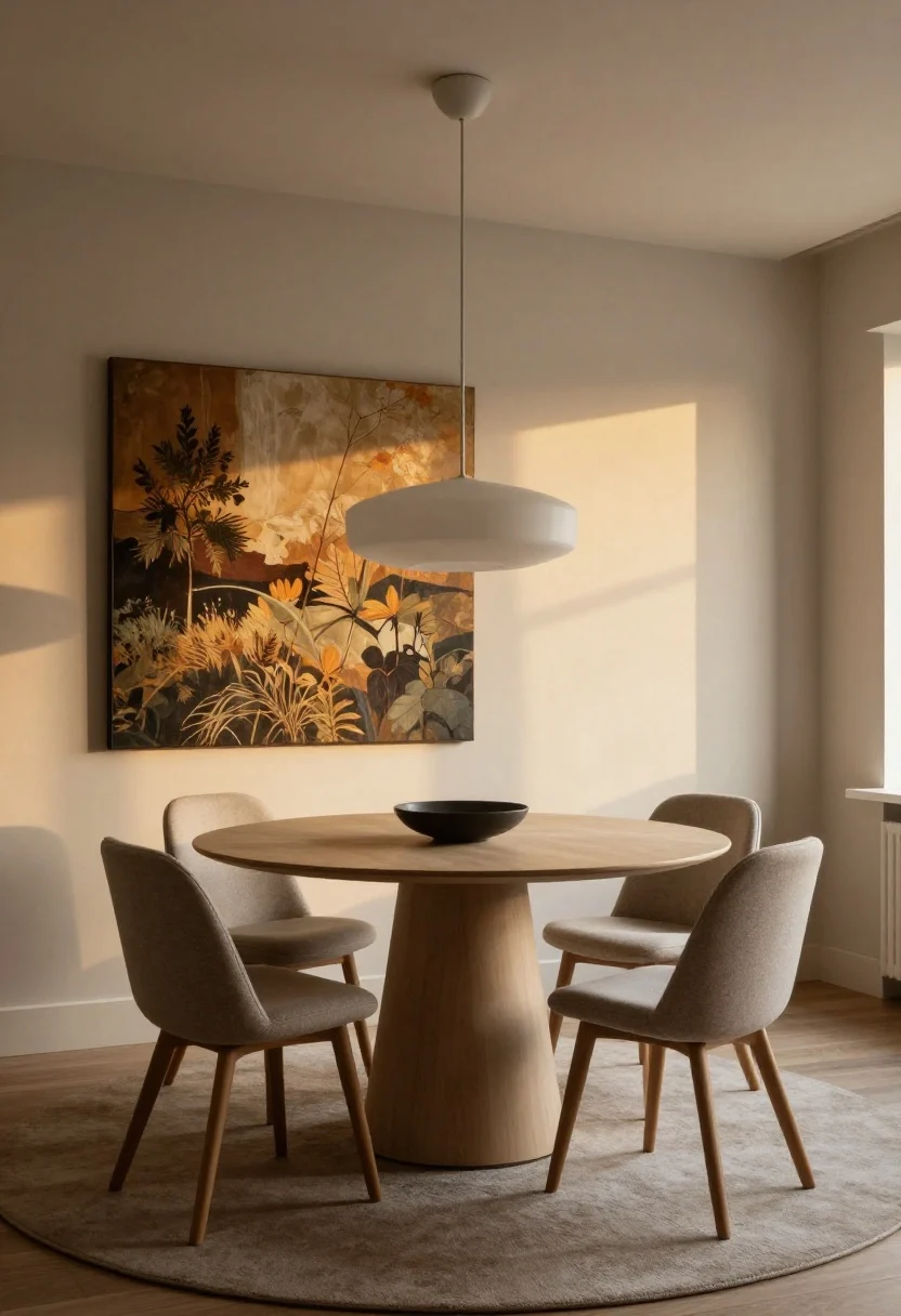 minimalist dining room ideas - Wide shot, concluding mood: A small apartment dining nook that