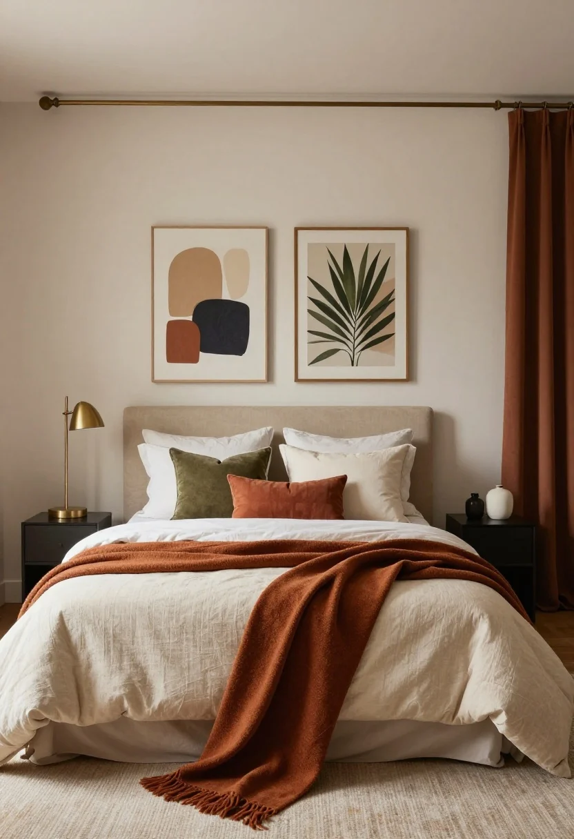 boho bedroom decor ideas - Wide shot: Curated boho color story—bedroom in layered neutrals (oat,