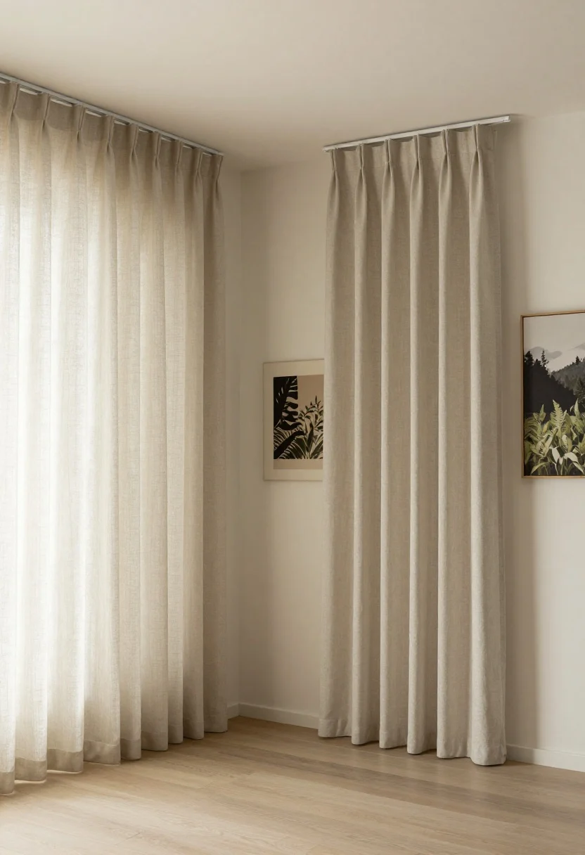 boho bedroom decor ideas - Wide shot: Floor-to-ceiling curtains—sturdy tension or no-drill rod mounted high