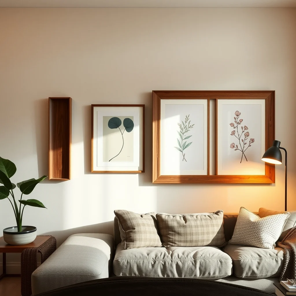 Wide shot of a living room wall displays mixed era frames a narrow walnut 1950s piece beside a wide distressed pine 1970s frame holding abstract botanical prints bathed in warm ambient lamp light