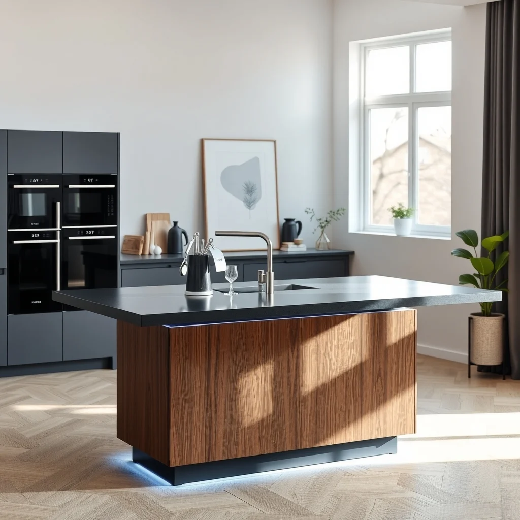 Wide shot of a sleek black kitchen island stainless steel magnetic strip mounted above the countertop knives and metal spatula neatly aligned dark walnut base cool LED under cabinet lighting casting subtle glow