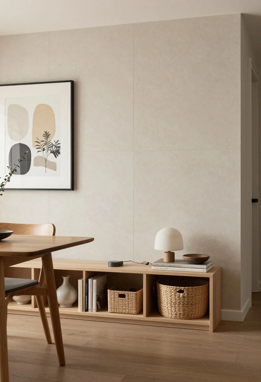 minimalist dining room ideas - Wide shot: Renter-friendly dining zone definition—one accent wall with peel-and-stick