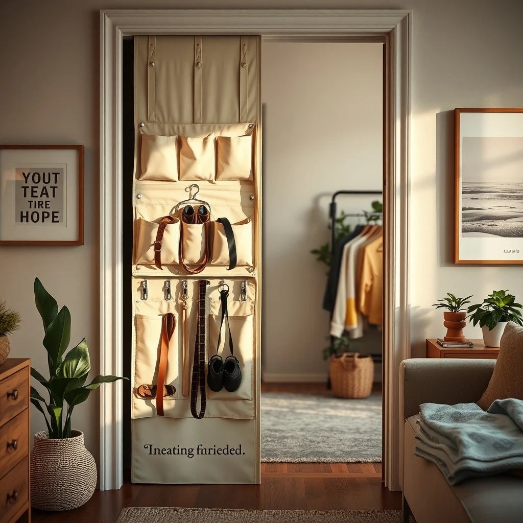 Wide view of a closet door interior featuring a canvas hanging organizer in soft sand multiple pocket sections hanging shoes and belts warm ambient lighting casts soft shadows and a muted typography quote adorns the door edge