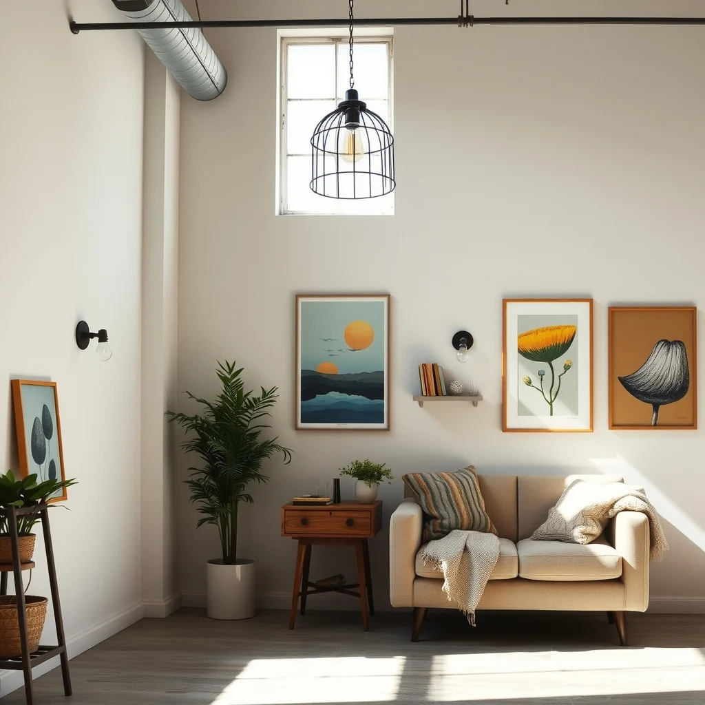 Wide view of a loft style room metal cage pendant hanging low factory desk lamp on side table exposed bulb sconces on wall concrete floor cool daylight streaming