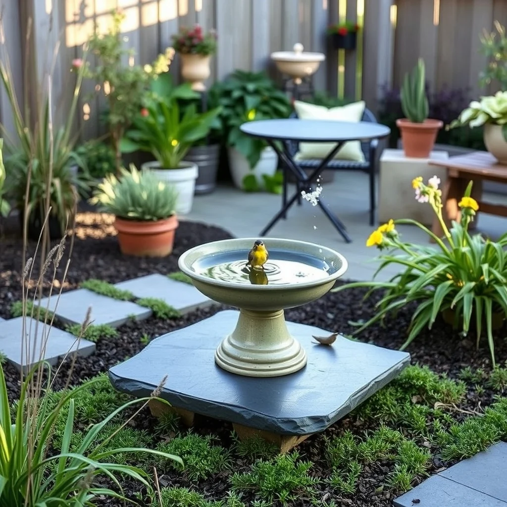 Wildlife-Friendly Garden Ideas That Support Birds and Beneficial Insects: 2. Install a Layered Water Feature That Serves Both Birds and Insects - A shallow birdbath set on a slate slab provides a reflective surface that catches the late‑afternoon light, adding a subtle sparkle akin to a glass coffee table in a living area. Surround the basin with