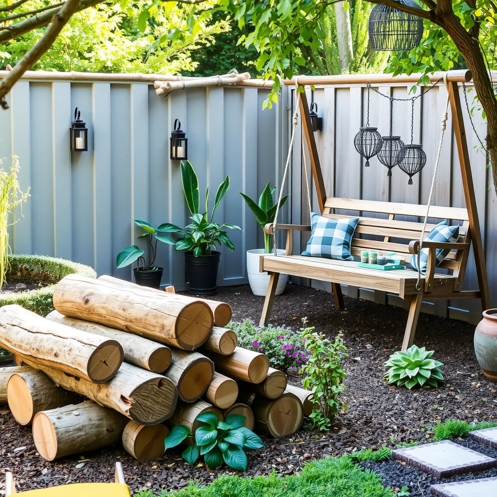 Wildlife-Friendly Garden Ideas That Support Birds and Beneficial Insects: 4. Build Structured Shelter with Log and Brush Piles - A modest stack of fallen logs placed near a wooden swing or a weathered bench offers a rustic that balances modern outdoor furniture. The crevices between the logs become nesting sites for beetles and