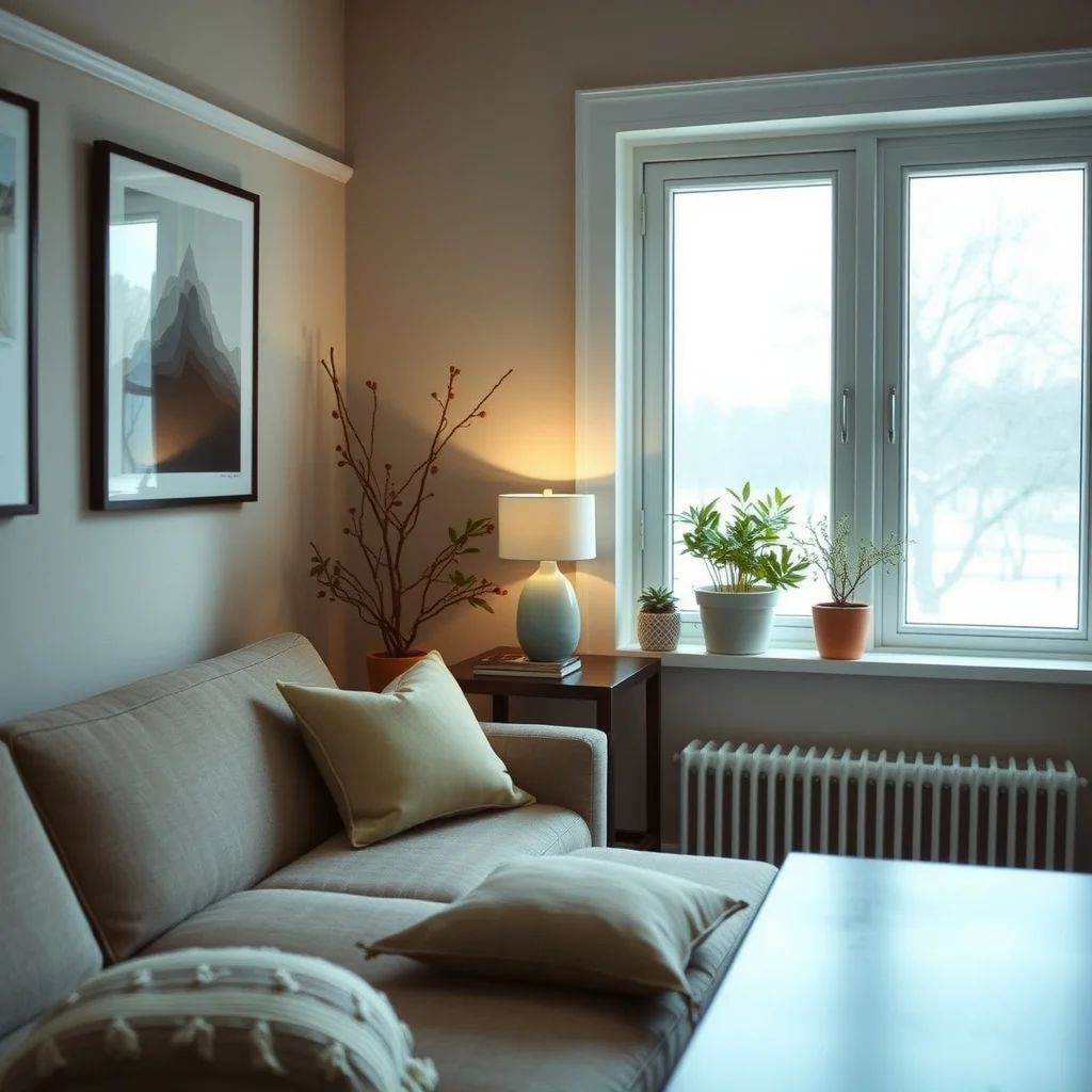 Winter Window Decor Ideas That Brighten Up a Cozy Home interior: 6. Small Table Lamps Positioned on the Sill - Placing a low‑profile lamp directly on the windowsill turns the window itself into a source of ambient lighting. A lamp with a ceramic base in a soft cream or muted teal complements the winter palette