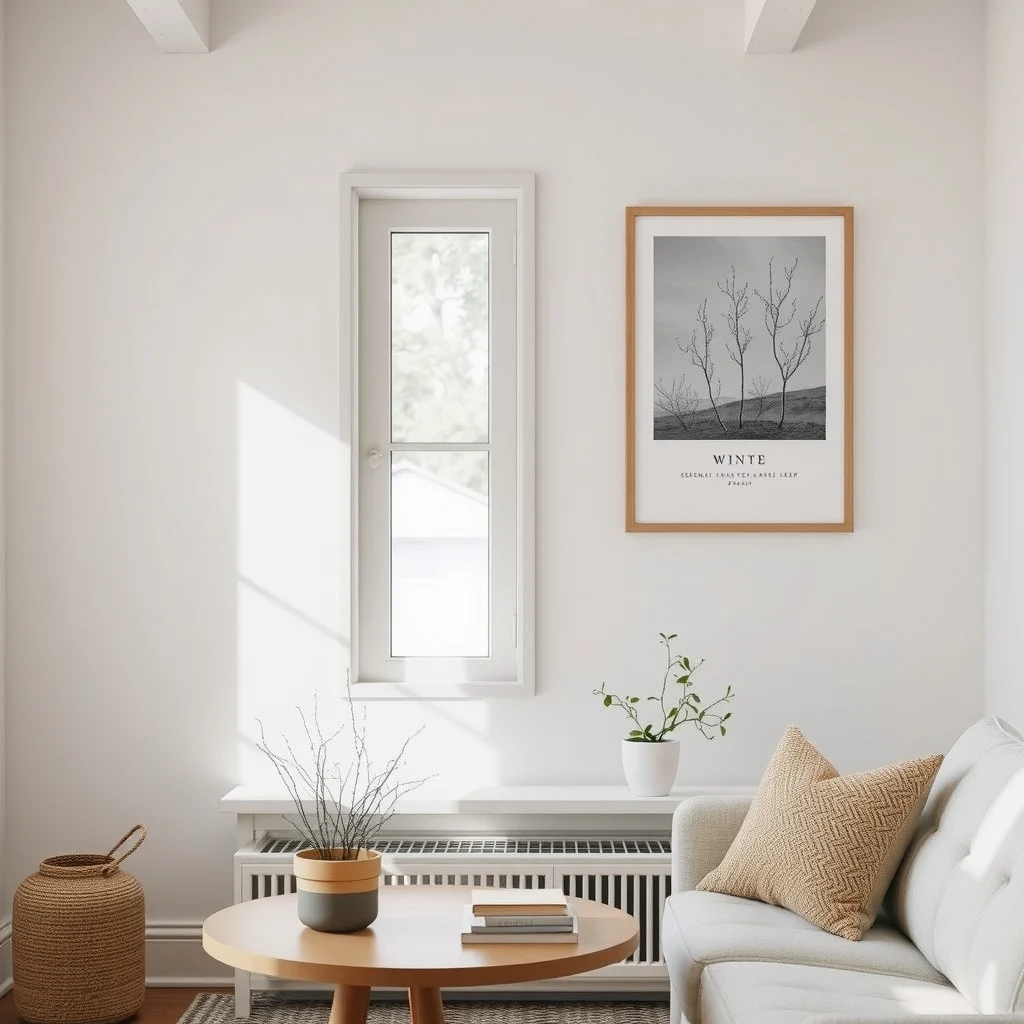 Winter Window Decor Ideas That Brighten Up a Cozy Home interior: 7. Seasonal Artwork Framed in Light‑Wood Frames - Swapping out a piece of wall art for a winter‑themed print and positioning it directly opposite a window can create a focal point that draws the eye toward the natural light. Light‑wood frames in ash